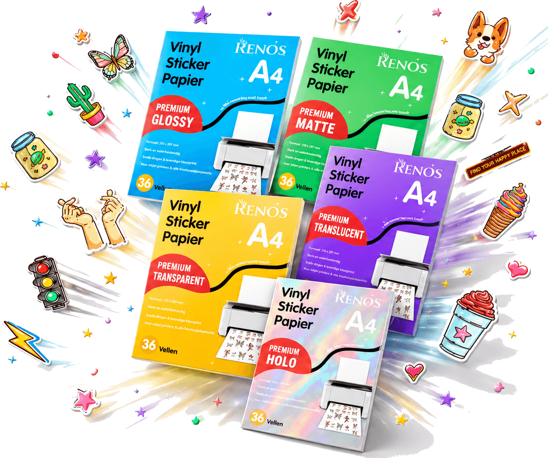 Renos premium vinyl sticker paper: Glossy, Matte, Translucent, Transparent and Holo A4 packs with sticker designs